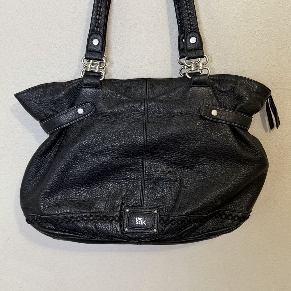 The Sak Torrance Black Pebbled Leather Tote Boho Braided Shoulder Bag Purse